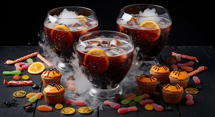 Three stemmed glasses with dark red liquid ice and orange slices Orange frosting cupcakes candies coins and dry ice smoke surround the glasses