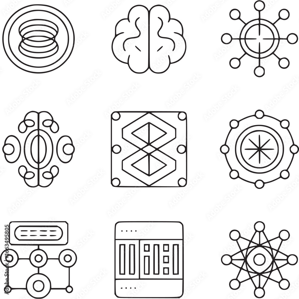 Poster art of set of modern technology and digital concepts including a brain, network nodes, data structur