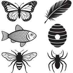 Art of a set of six black silhouette icons featuring various natural elements a butterfly, a fish, a bee, a spider, a feather, and a beehive