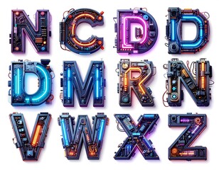 A futuristic, stylized alphabet.  Letters glow with vibrant, neon colors.  Mechanical parts and circuitry are visible within each letter's design.  Image is isolated against white