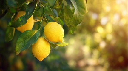 Fresh Ripe Lemons on a Tree Branch