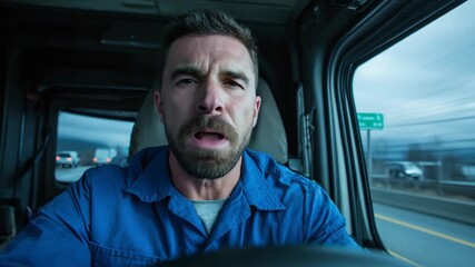 Truck driver yawns during a long haul. Sleep deprivation is a serious hazard to the job, especially on long journeys in a commercial vehicle. Yawning while driving