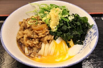 Beef and onsen tamago BK udon noodles in Tokyo, Japan