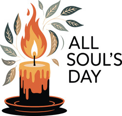All Soul's Day Candle with Autumn Leaves and Dripping Wax Illustration