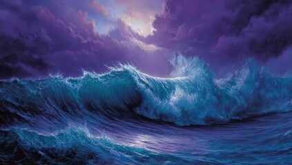 Fototapeta premium Purple And Blue Dramatic Ocean Waves Painting