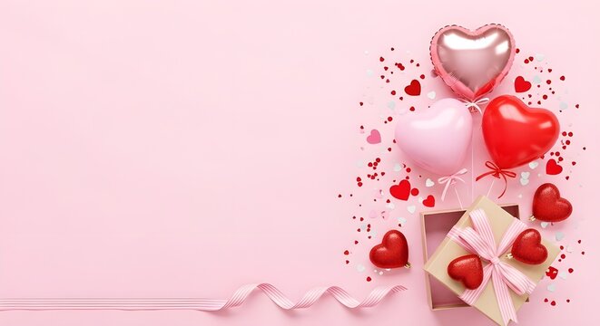 Valentine's day gift box with heart balloons and confetti on pink background - Powered by Adobe
