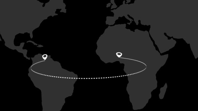 Airplane line path icon. Air plane flight route with the point of location line trace on world map. Flying with a dashed line from the starting point and location tracking in a dotted path animation.
