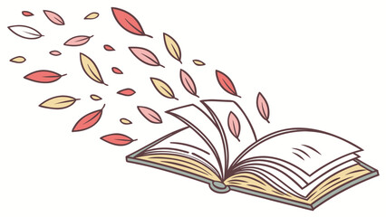 Open book with flying leaves in pink and yellow colors evoking autumn and knowledge on a white background