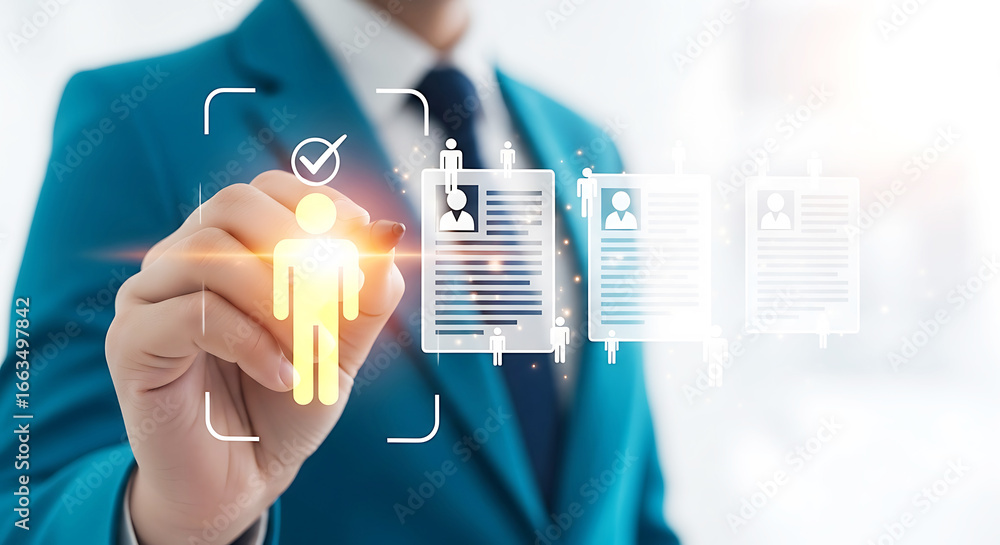 Poster recruiter selecting a candidate profile from a digital interface, symbolizing the hiring and selecti