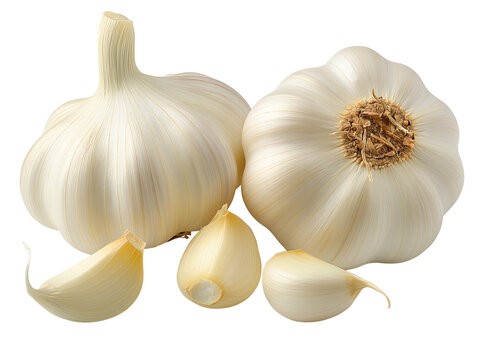 Whole garlic bulbs with peeled garlic cloves isolated on transparent background.
