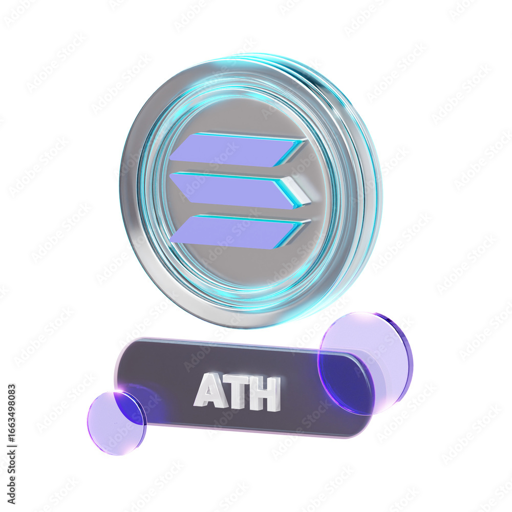 Aufkleber 3d render of a glowing digital cryptocurrency coin with 'ath' (all-time high) indicator.