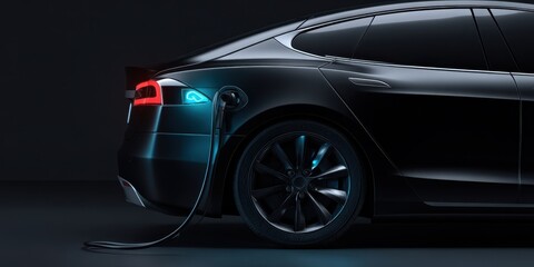 The sleek electric car charging under dramatic ambient lighting.