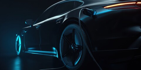 Fototapeta premium The sleek electric car charging in a dark futuristic environment.