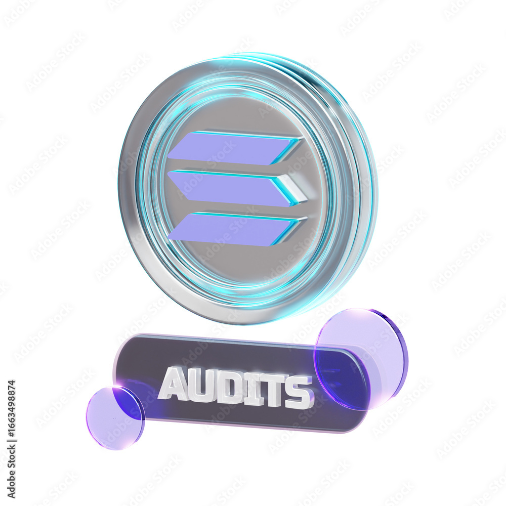 Poster 3d render of a cryptocurrency coin with a glowing blue aura, positioned above a dark bar displaying 