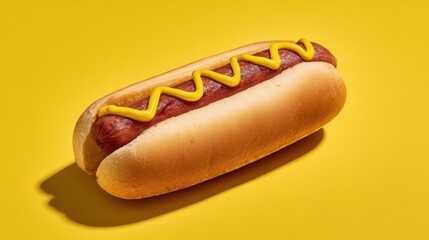 The delicious hotdog topped with mustard against a bright yellow background.