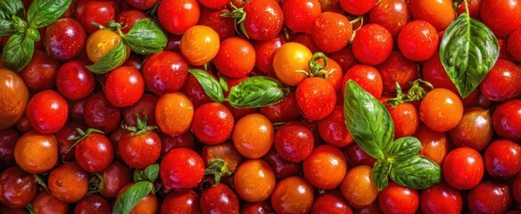 The colorful assortment of ripe tomatoes and fresh basil leaves on display.