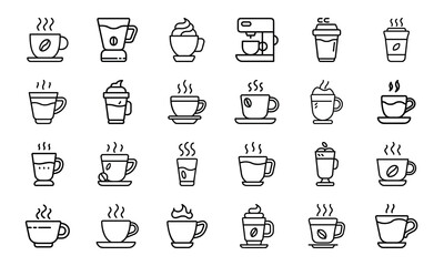 Collection of black and white food and drink icons, coffee, tea, candy, chocolate, ice cream, snacks, pizza, popcorn, pretzel, sausage, fried egg, milkshake, cold drinks, breakfast and dessert line ve