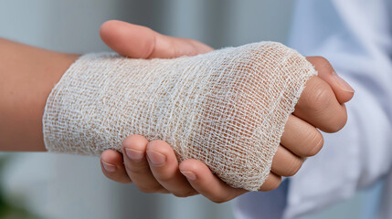 Doctor hands wrapping wrist and arm with bandage around injured hand of a person at hospital, First aid, Accident and injury treatment
