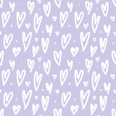 Heart seamless pattern. Doodle white Hearts hand drawn seamless ornament. Repeating love on lilac background. Scattered hearts for design prints, graphic motif. Randomly ornament. Raster illustration