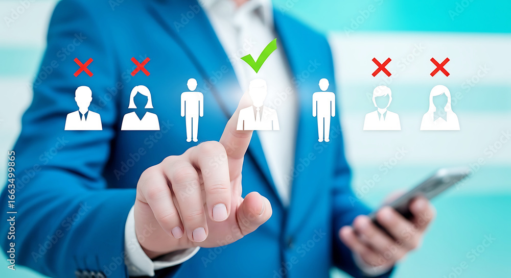 Poster man in a blue suit pointing at a digital interface with selected and rejected candidates, symbolizin