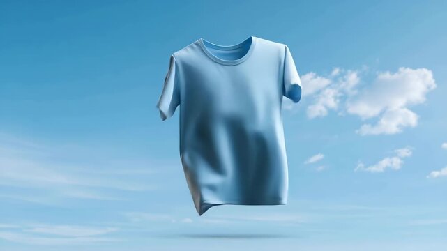Floating T-Shirt: A light-blue tee suspended in a vibrant blue sky with fluffy white clouds, evoking feelings of freshness and weightlessness.