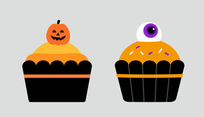 Set of Halloween sweet cupcake  flat stock vector illustration.
Halloween cupcake icons, and graphics.