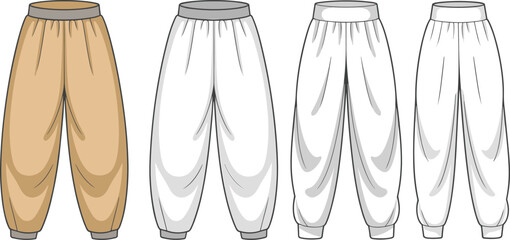 CAD drawing flat vector illustration of men’s harem pants in multiple views, technical fashion sketch for loose fit loungewear, comfortable unisex apparel design template