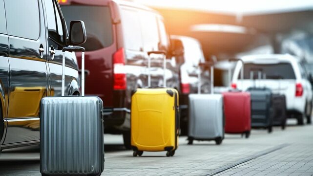 Airport transportation: Suitcases ready for travel lined up in front of vehicles for pick up and transport to destination.