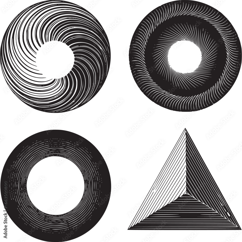 Poster art of abstract geometric shapes featuring concentric circles and a stylized triangle with linear pa