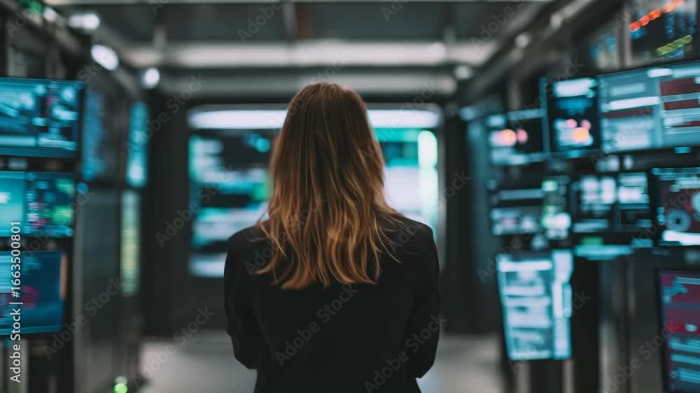 Poster data center analysis: a woman views multiple screens displaying complex data visualizations in a ser