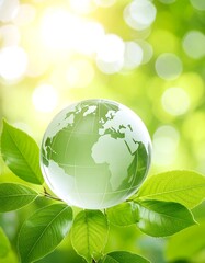 A glass globe of the Earth rests gently on vibrant green leaves, bathed in a soft, sunlit bokeh