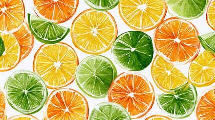 Obraz premium Vibrant watercolor citrus slices featuring oranges limes and lemons creating a refreshing pattern