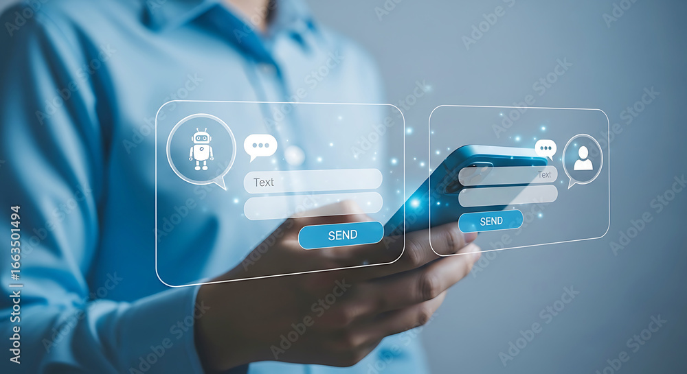 Aufkleber person using a smartphone with a digital interface showing a chatbot conversation and user profile i