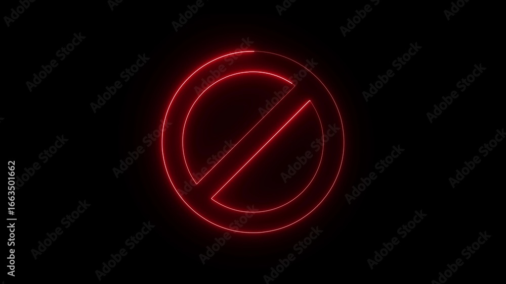 Poster abstract red neon circle with diagonal slash symbol glowing against a dark black background