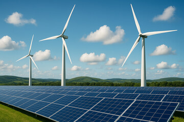 Green Energy Power Plant with Wind Turbines and Solar Panels