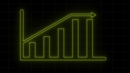 Neon yellow glowing bar graph with upward trending arrow signifying business growth and financial success