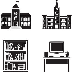 Obraz premium Art of set of educational and office icons including school buildings, library bookshelf, and computer desk setup