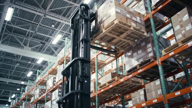 Forklift carrying pallet in warehouse racking system, inventory control