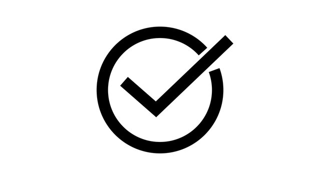 Simple black check mark inside an oval circle symbol on a white background