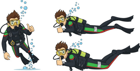 Cartoon divers, underwater scene, scuba gear, diving mask, bubbles, swimming pose, thumbs up, wetsuit, ocean activity, scuba tank, aquatic sport, underwater gesture, diving