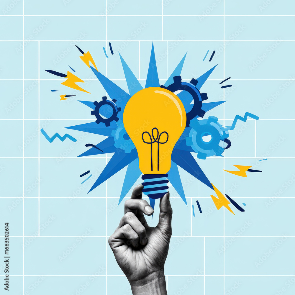 Poster hand holding a light bulb with gears and lightning bolts representing innovation and creative thinki