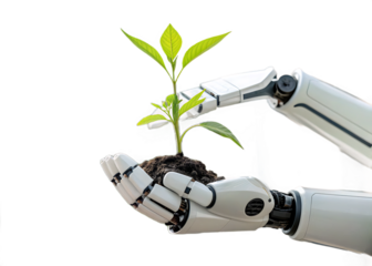 Robotic Hand Holding Sprout in Soil Symbolizing Technology Innovation and Environmental Sustainability Future Growth Artificial Intelligence and Nature