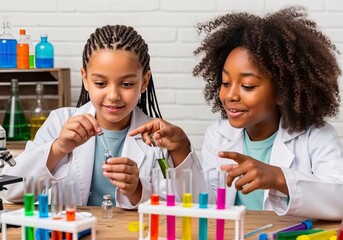 Young girls in white lab coats happily conduct a hands on science experiment with colorful liquids in test tubes. - Powered by Adobe