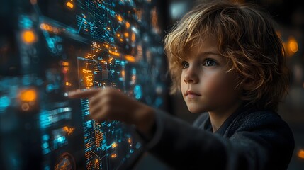 Child in suit points to futuristic holographic business chart