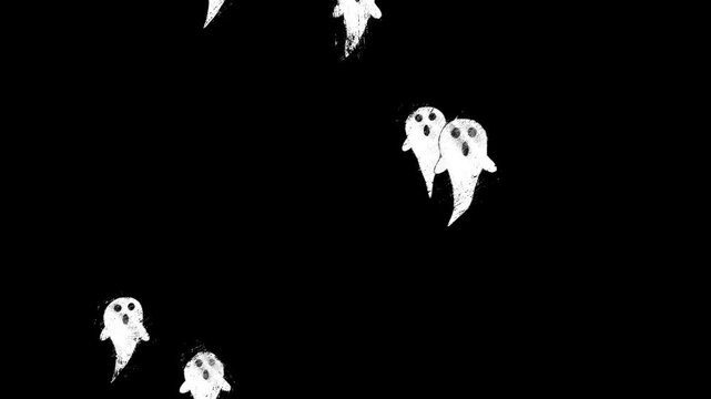 Cartoon doodle creepy ghosts fly. Ghost fly transition with hand drawn scrible scratches. Isolated Halloween elements. Happy halloween. Flock of flying ghost. 2d animation. Scary 4k stock footage.