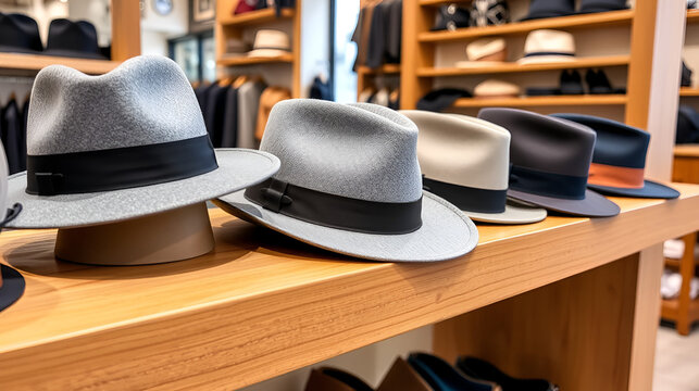 Gray fedoras displayed on a wooden shelf in a stylish boutique showcasing classic fashion accessories