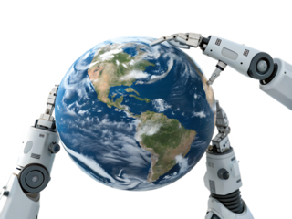 Robot arms holding planet earth in space concept of artificial intelligence and global technology robotic assistance for sustainability and innovation
