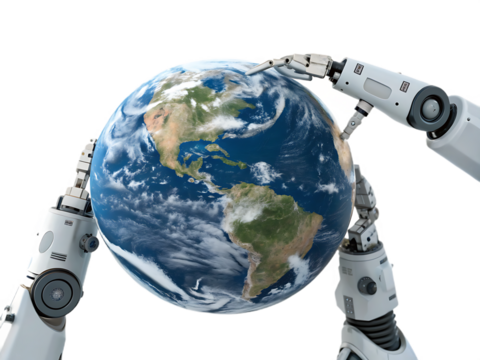 Robot arms holding planet earth in space concept of artificial intelligence and global technology robotic assistance for sustainability and innovation