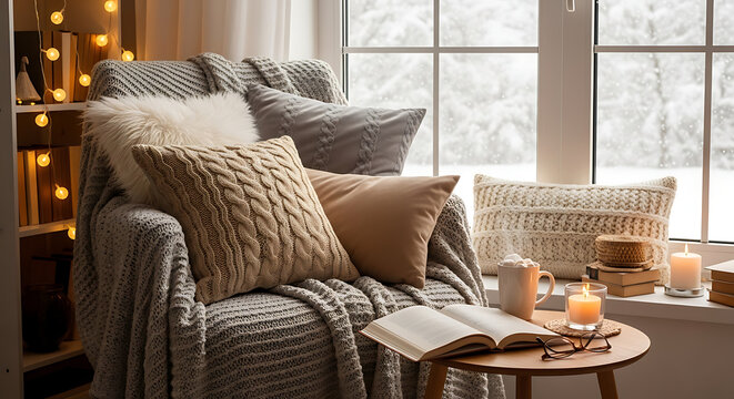 Cozy reading nook with a plush armchair knitted pillows warm blanket and hot cocoa by a snowy window.