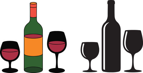 Collection of Wine Bottle and Glass Vector Illustrations